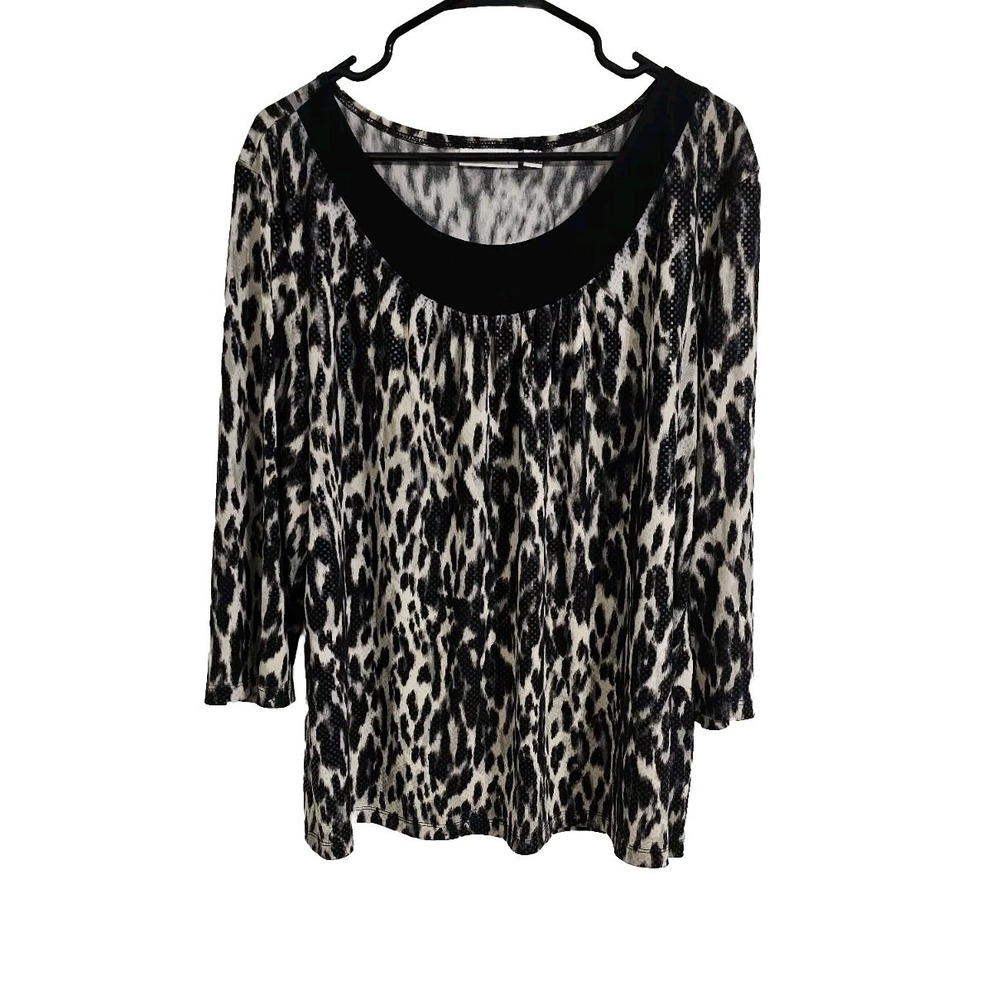 Susan Graver Top Blouse Womens Extra Large Black Tan Animal Print Mature Boho